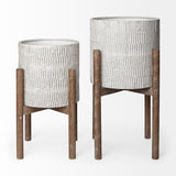 Groot Set of Two 11.8 x 23 Eggshell Ceramic Wooden Base Plant Stands from Mercana - Luna Furniture