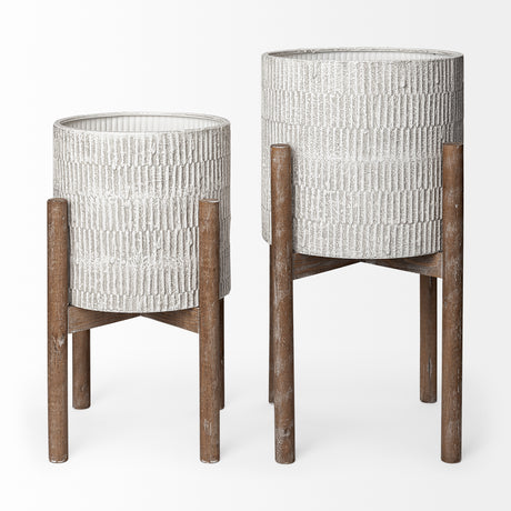 Groot Set of Two 11.8 x 23 Eggshell Ceramic Wooden Base Plant Stands from Mercana - Luna Furniture