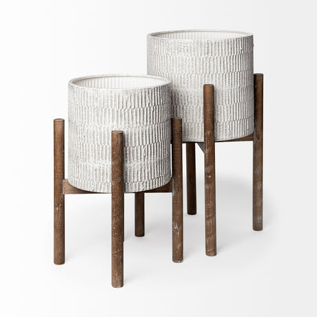 Groot Set of Two 11.8 x 23 Eggshell Ceramic Wooden Base Plant Stands from Mercana - Luna Furniture