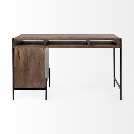Glenn VII 56L x 22W Dark Brown Wood w/ Black Iron Frame, 3 Drawer Office Desk from Mercana - Luna Furniture