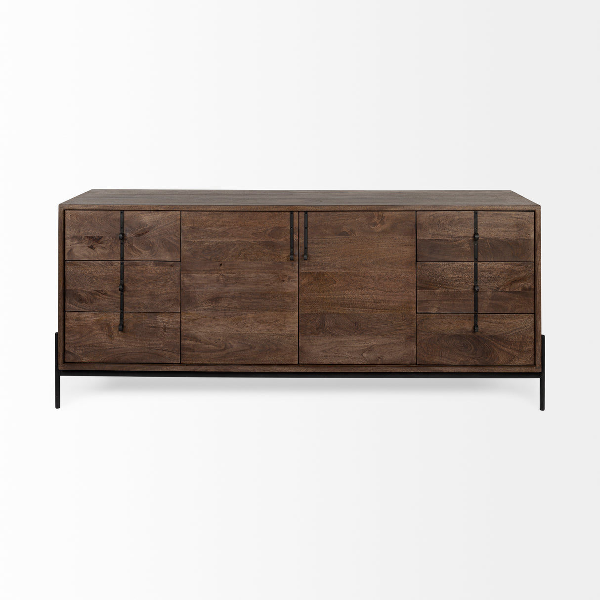 Glenn VI 71.5x18 Dark Brown Wood Frame w/ Black Iron Accent, 6 Drawer, 2 Door Cabinet Sideboard from Mercana - Luna Furniture