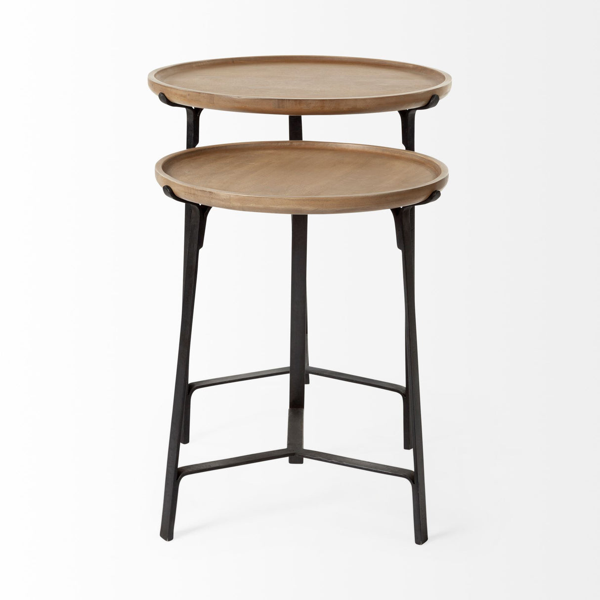 Helios III 20L x 24H Set of Two Round Brown Solid Wood Iron Base Nesting End/Side Tables from Mercana - Luna Furniture