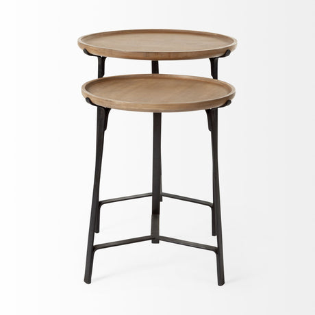 Helios III 20L x 24H Set of Two Round Brown Solid Wood Iron Base Nesting End/Side Tables from Mercana - Luna Furniture