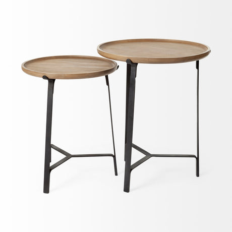 Helios III 20L x 24H Set of Two Round Brown Solid Wood Iron Base Nesting End/Side Tables from Mercana - Luna Furniture
