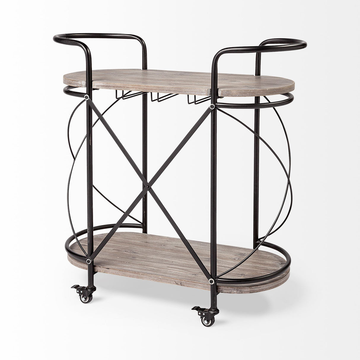 Marlon Black Metal Frame Two Tier Shelves w/Stemware holder Bar Cart from Mercana - Luna Furniture
