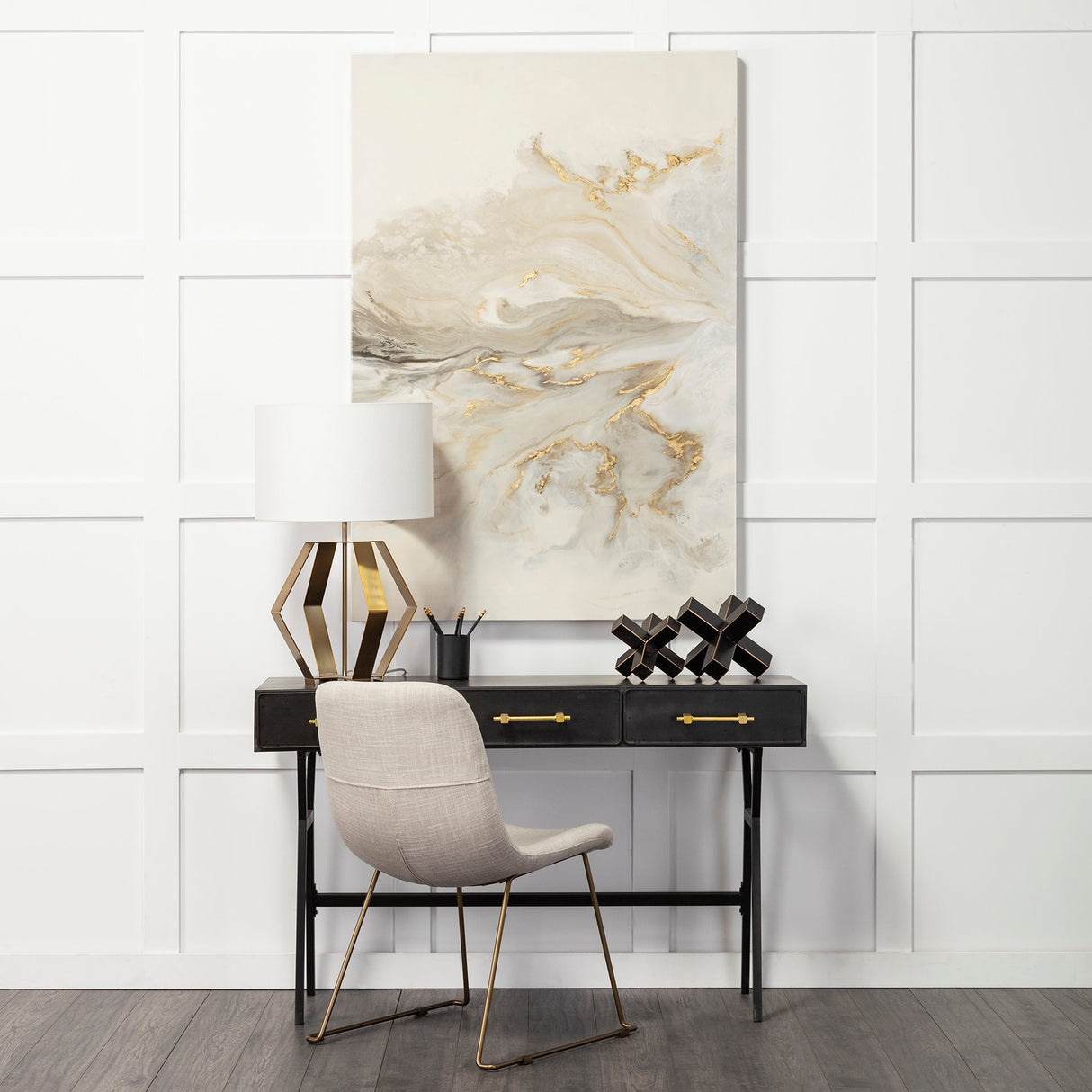 Vince 51L x 18W Black Metal W/Gold Accents 3 Drawer Office Desk from Mercana - Luna Furniture