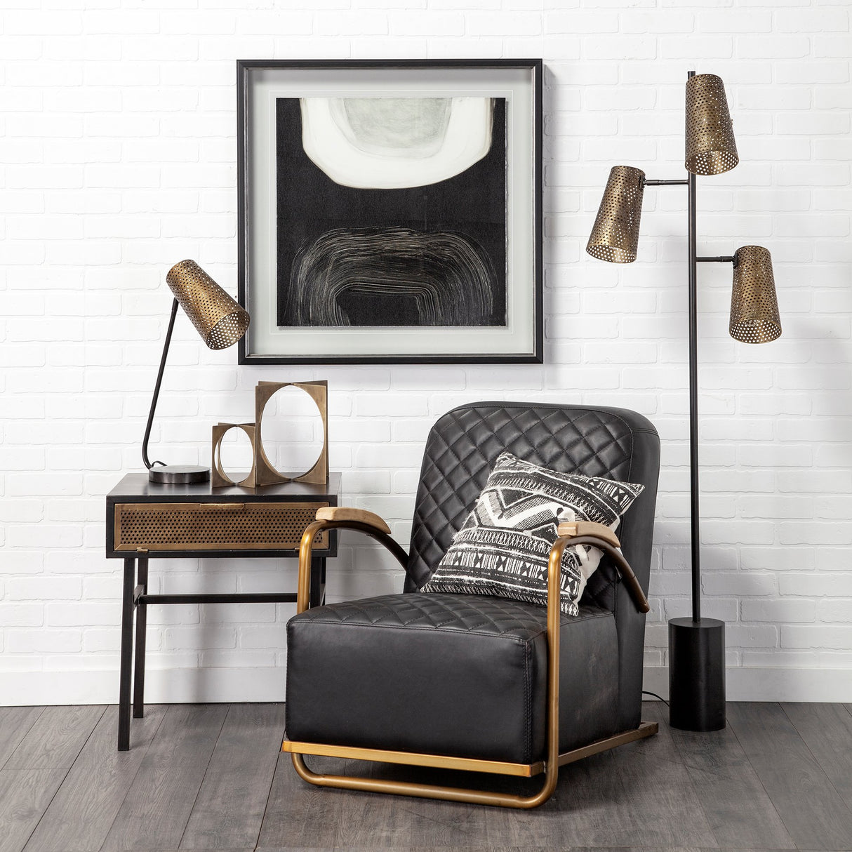 Horace I Black Leather Diamond Pattern w/Gold Iron Frame Accent Chair from Mercana - Luna Furniture