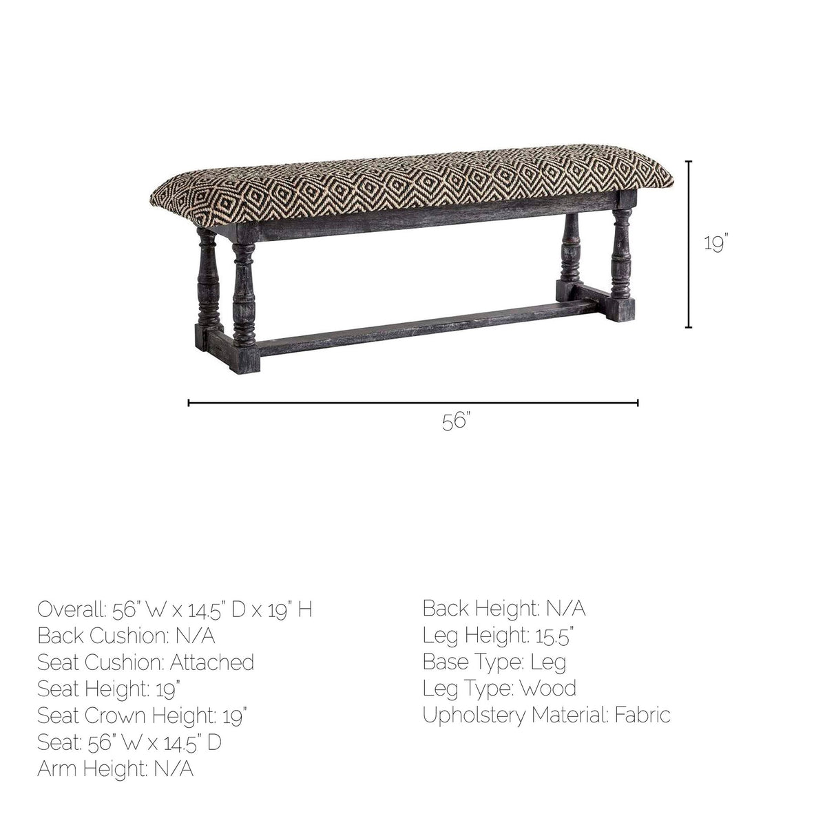 Denison 55L x 14.5W Black Beige Woven Cushion Top W Black Wood Base Accent Bench from Mercana - Luna Furniture