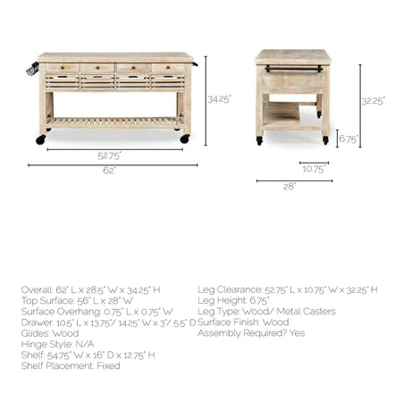 Columbia 62L x 28W x 36H I Light Brown Body w/ Black Iron Knobs Rolling Kitchen Island from Mercana - Luna Furniture