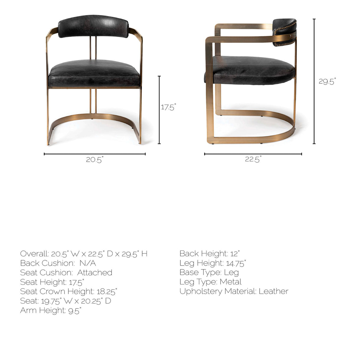 Hollyfield II Black Leather Seat Gold Iron Frame Dining Chair from Mercana - Luna Furniture