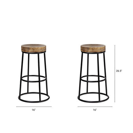 Flynn 26.25" Seat Height Brown Wood Seat Black Metal Frame Stool from Mercana - Luna Furniture