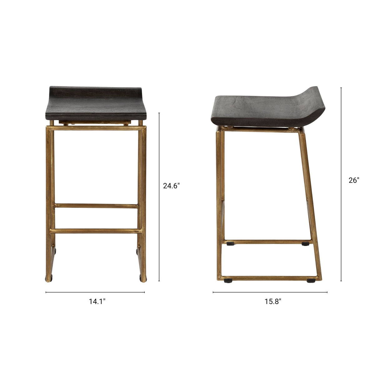 Givens 24.25"H Brown Wood Seat Gold Metal Frame Stool from Mercana - Luna Furniture