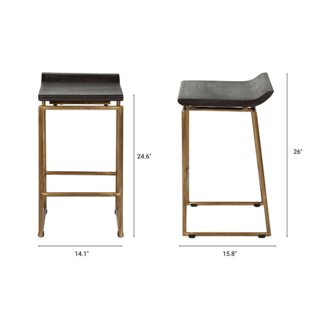 Givens 24.25"H Brown Wood Seat Gold Metal Frame Stool from Mercana - Luna Furniture