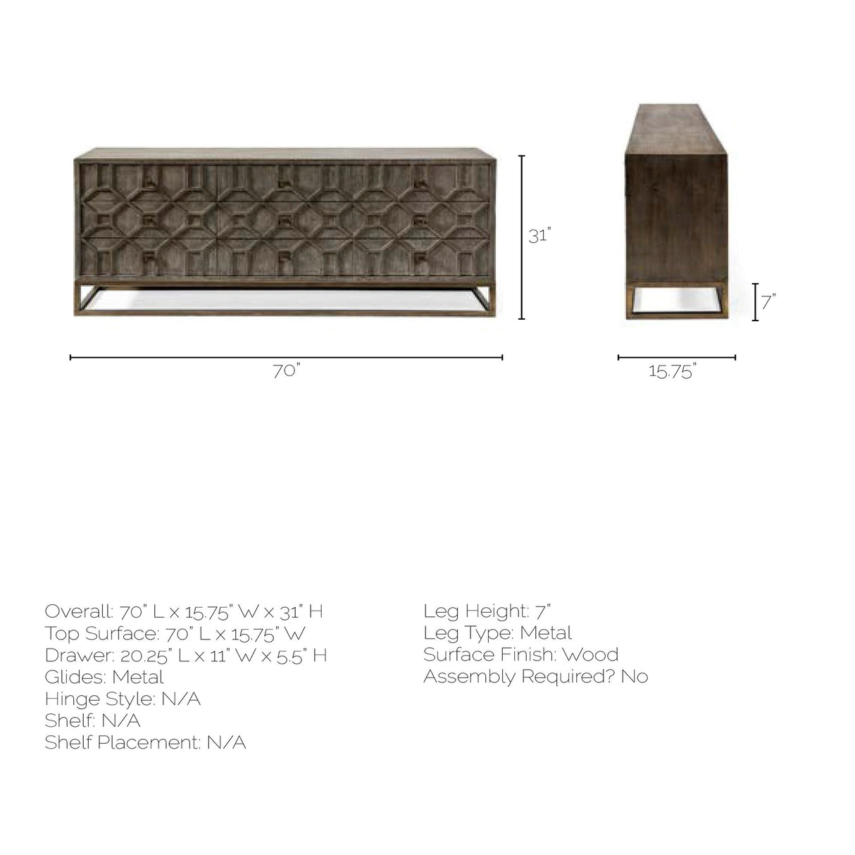 Genevieve II 70x15.8 Gray Fir Veneer W/Gold Metal Frame Base 9 Drawer Sideboard from Mercana - Luna Furniture
