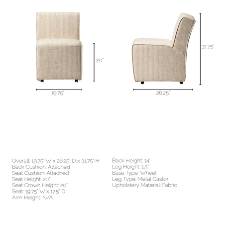 Damon Fully Upholstered Cream-Toned Fabric Dining Chair on Casters, Set of 2 from Mercana - Luna Furniture