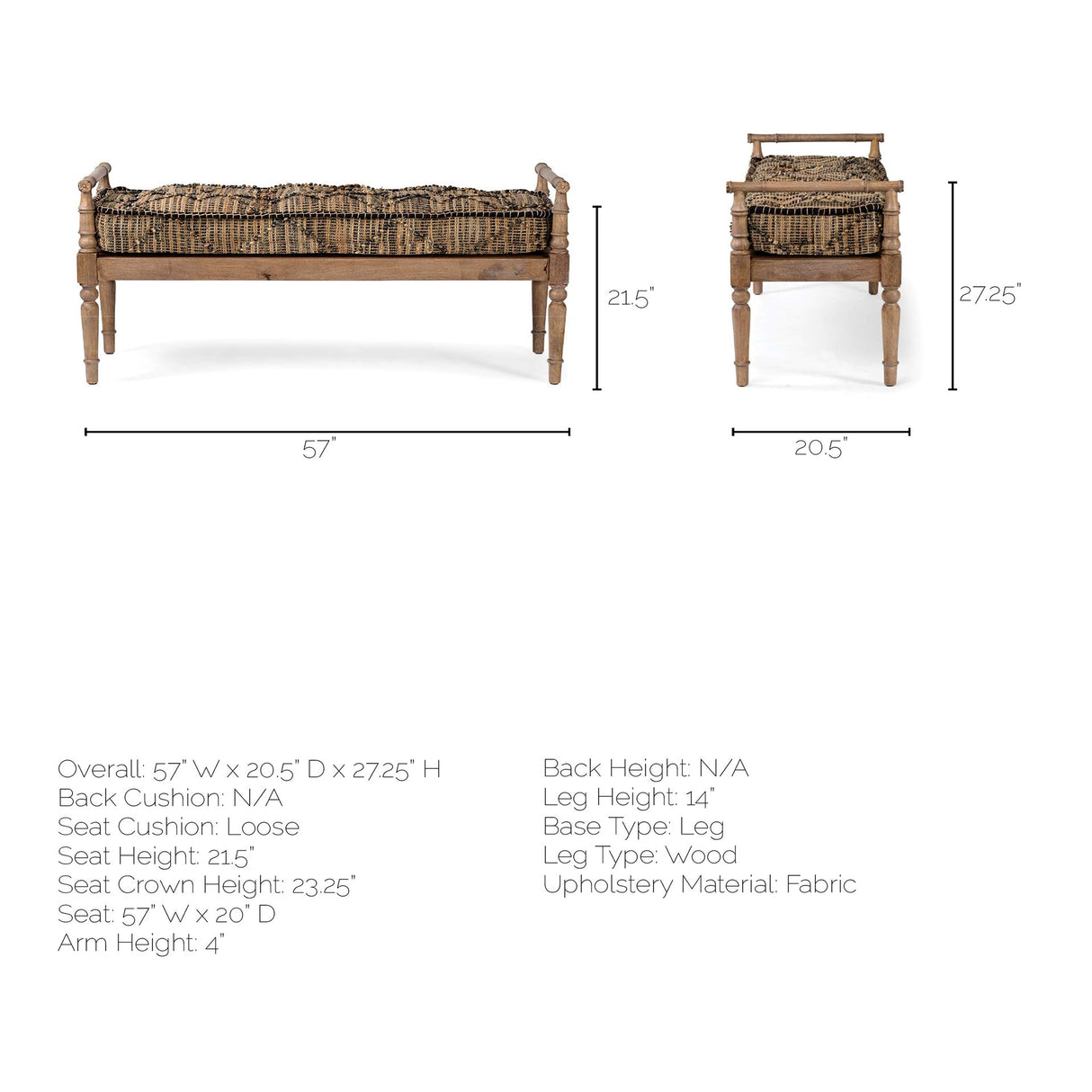Fullerton II 57L x 21W Jute Patterned Top W/Brown Wood Base Accent Bench from Mercana - Luna Furniture