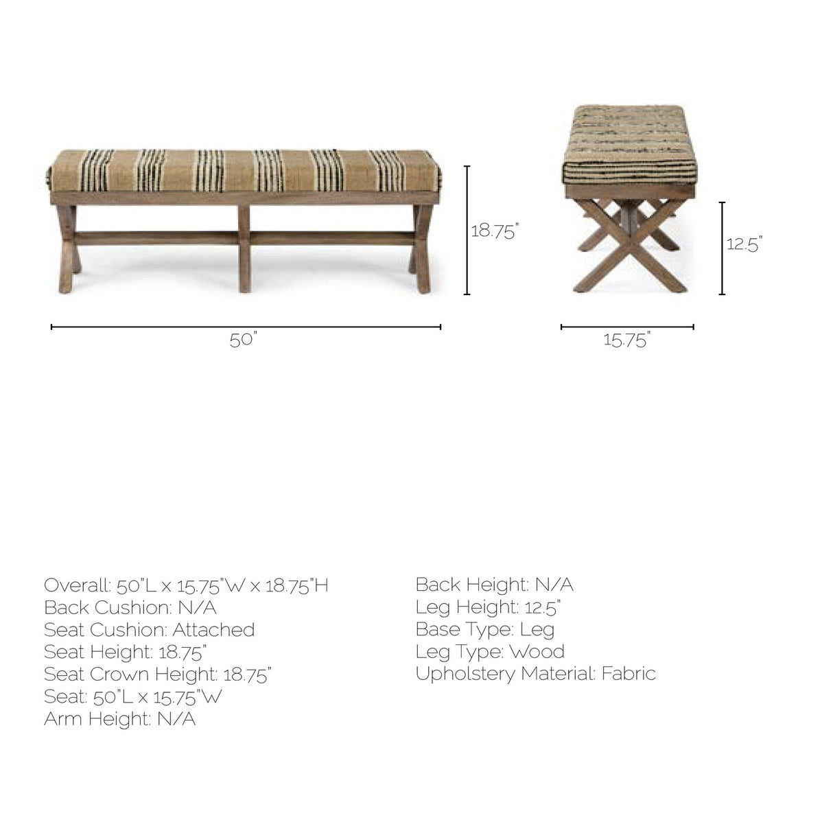 Solis 50L x 16W Brown Base Upholstered Beige/Black Stripe Seat Accent Bench from Mercana - Luna Furniture