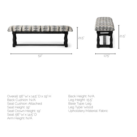 Denison II 56L x 15W Black Wood Base Woven-Leather Cushion Top Accent Bench from Mercana - Luna Furniture