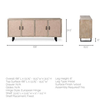 Bellefontaine II 68x15.5 Brown Fir Veneer Frame 4 Fabric Covered Cabinet Door Sideboard from Mercana - Luna Furniture