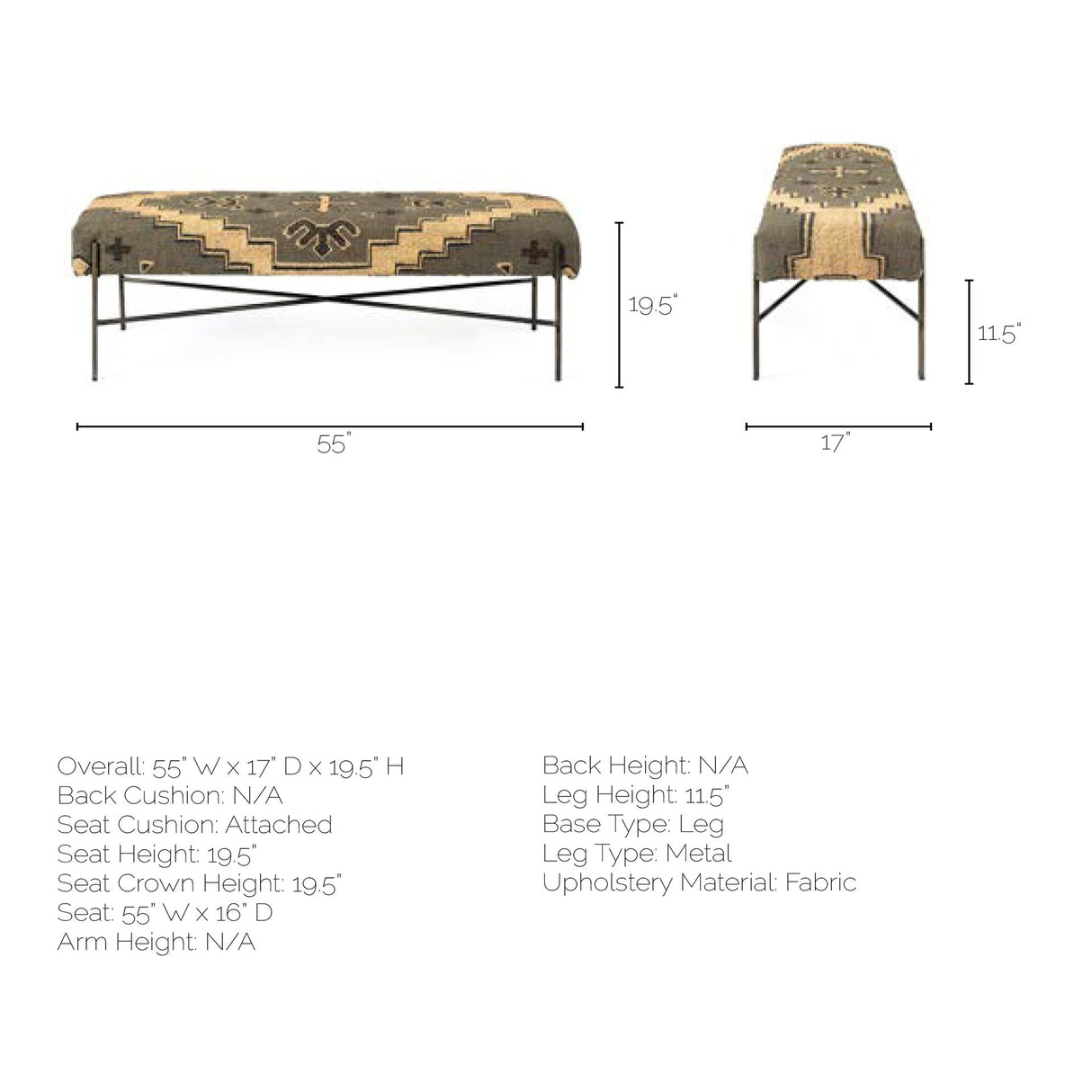 Avery I 55L x 17W Multi Colored Upholstered Patterned Seat Accent Bench from Mercana - Luna Furniture