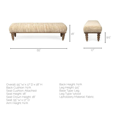 Alder II 55L x 16W Cream Upholstered Seat Wooden Base Accent Bench from Mercana - Luna Furniture