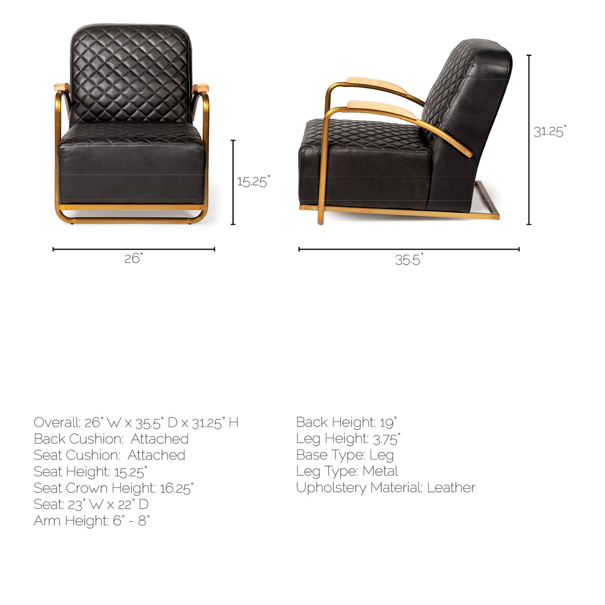 Horace I Black Leather Diamond Pattern w/Gold Iron Frame Accent Chair from Mercana - Luna Furniture
