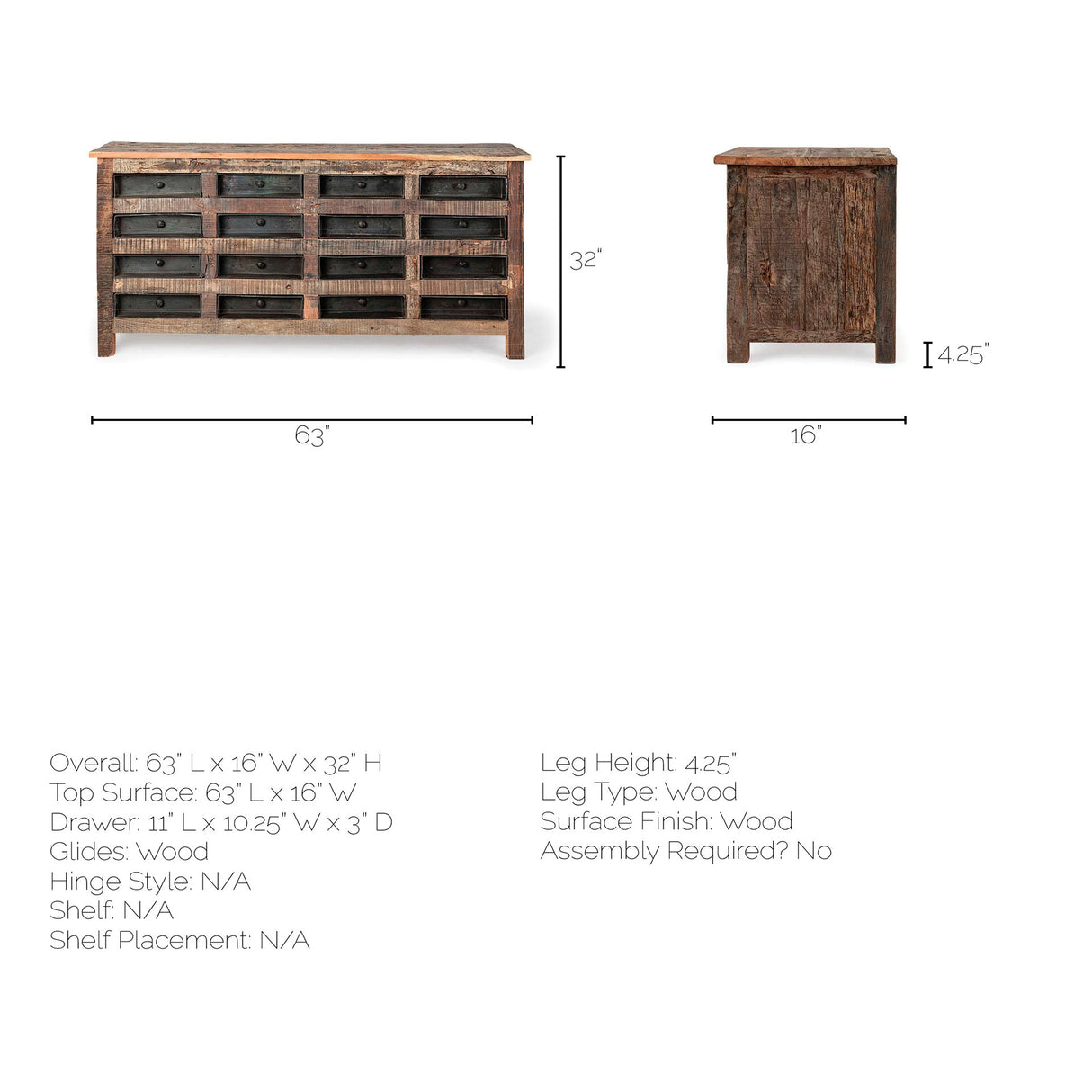 Wilton I 63x16 Reclaimed Wood and Metal 16 Drawer Sideboard from Mercana - Luna Furniture