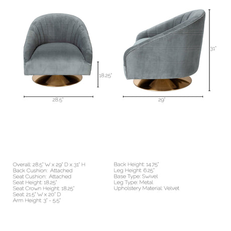 James II Gray Blue Velvet Covered Seat w Gold Swivel Base Accent Chair from Mercana - Luna Furniture