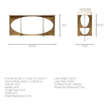Reinhold IV 59L x 16W White Marble Top Gold Metal Base Console Table from Mercana - Luna Furniture