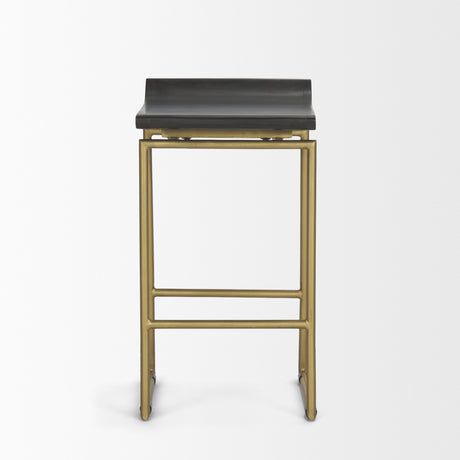 Givens 24.25"H Brown Wood Seat Gold Metal Frame Stool from Mercana - Luna Furniture