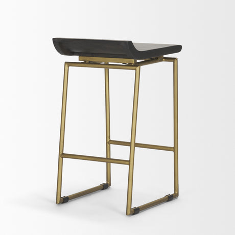 Givens 24.25"H Brown Wood Seat Gold Metal Frame Stool from Mercana - Luna Furniture