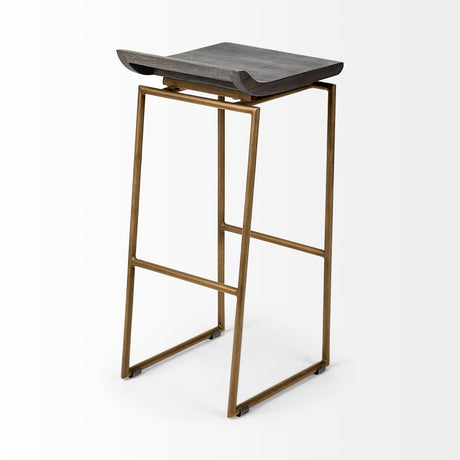 Givens 30.25"H Seat Height Brown Wood Seat Gold Metal Base Stool from Mercana - Luna Furniture