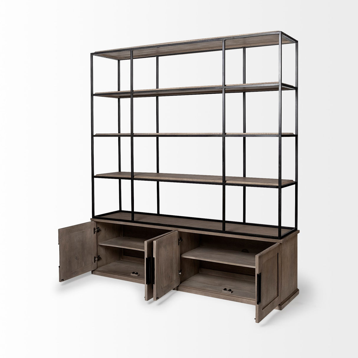 Braxton I Light Brown Wood and Iron Three Shelf Shelving Unit 81.5L x 18.5W x 90 from Mercana - Luna Furniture