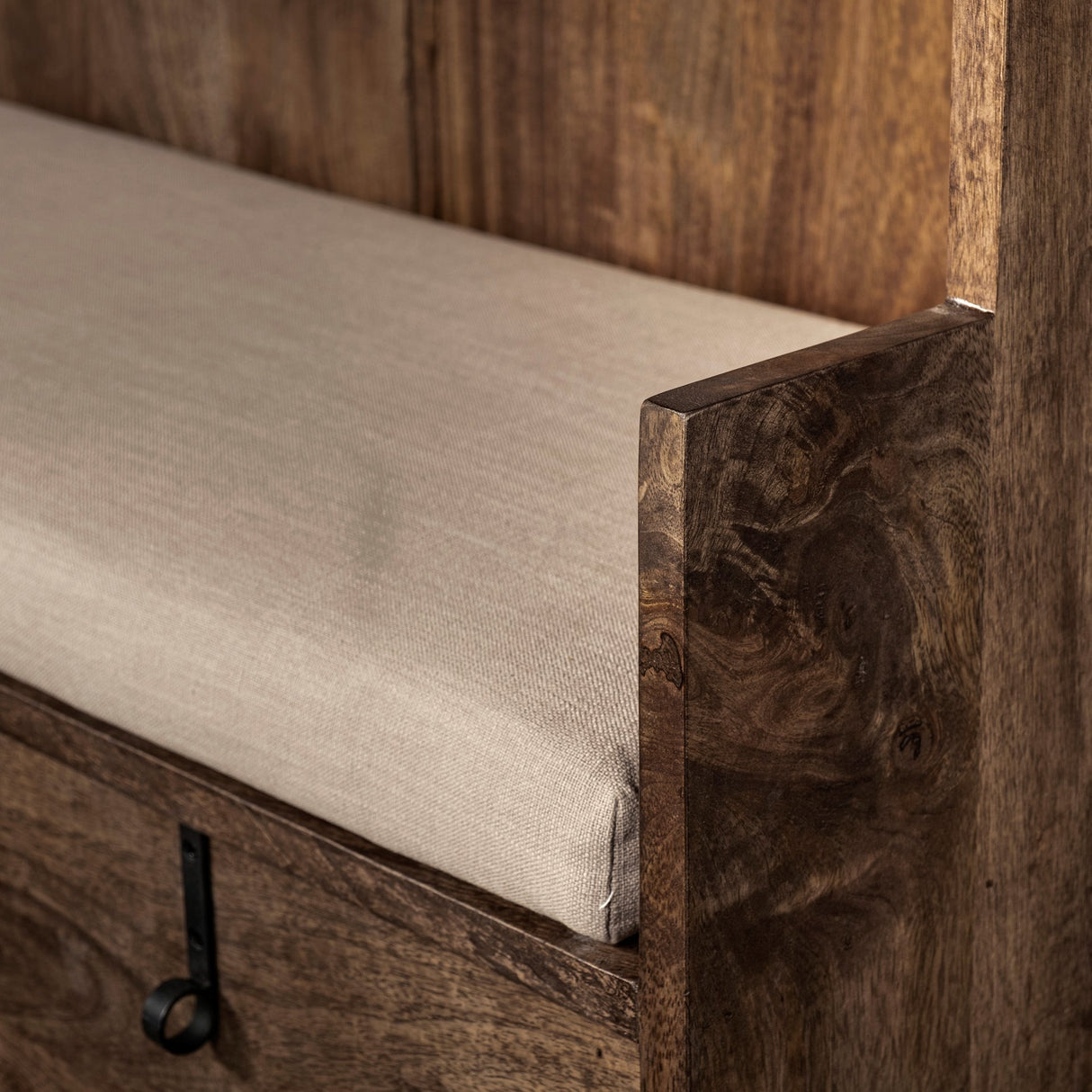 Glenn V 56L x 17W Dark Brown Wood w/ Cream Fabric Seat, 3 Drawers Hall Tree from Mercana - Luna Furniture