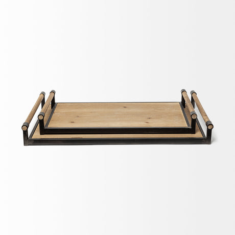 Benson Set of 2 Brown Wood Black Metal Trays from Mercana - Luna Furniture
