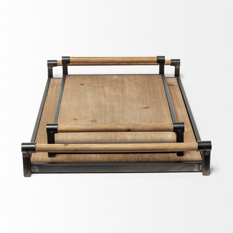 Benson Set of 2 Brown Wood Black Metal Trays from Mercana - Luna Furniture