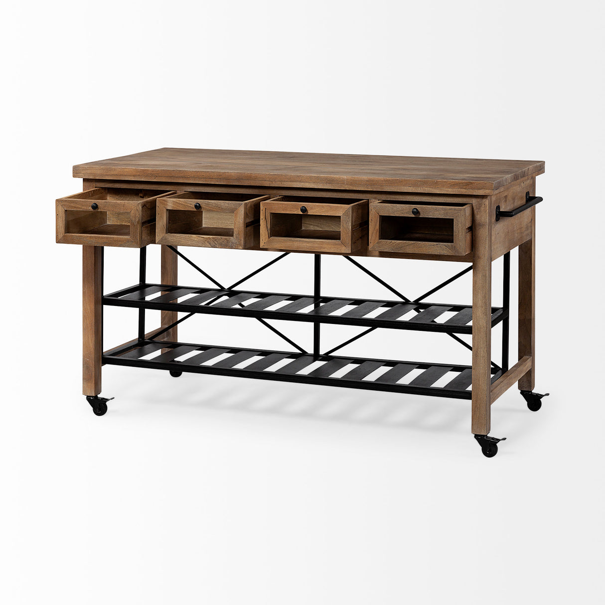 Stuart I Brown Solid Wood Top Two-Tier Black Metal Rolling Kitchen Island from Mercana - Luna Furniture