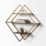 Neil I Diamond Shape Wall Mounted Brass Frame w Three Wood Wall Shelves from Mercana - Luna Furniture