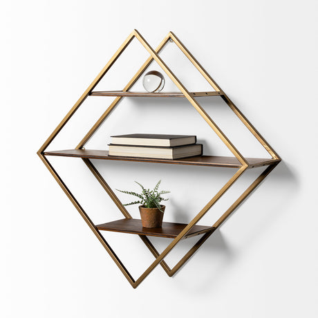 Neil I Diamond Shape Wall Mounted Brass Frame w Three Wood Wall Shelves from Mercana - Luna Furniture