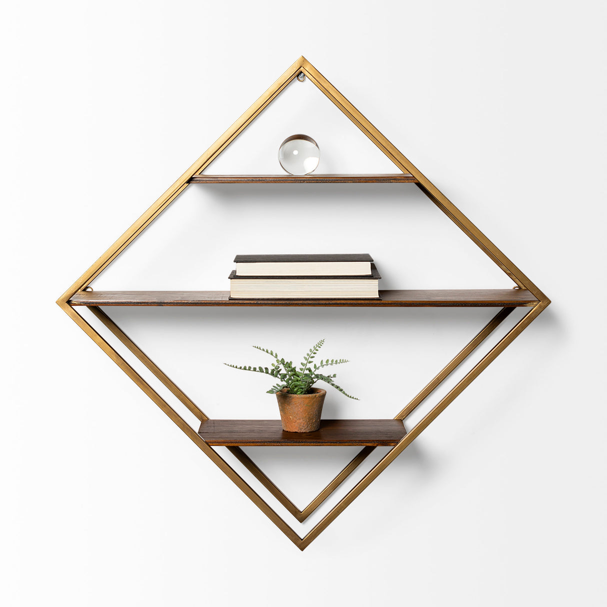 Neil I Diamond Shape Wall Mounted Brass Frame w Three Wood Wall Shelves from Mercana - Luna Furniture