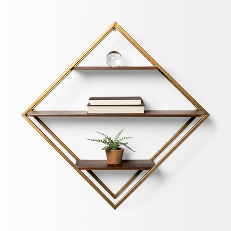 Neil I Diamond Shape Wall Mounted Brass Frame w Three Wood Wall Shelves from Mercana - Luna Furniture