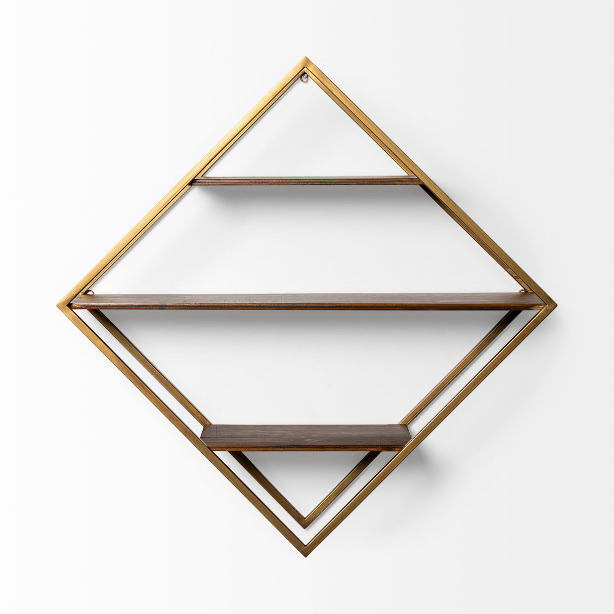 Neil I Diamond Shape Wall Mounted Brass Frame w Three Wood Wall Shelves from Mercana - Luna Furniture