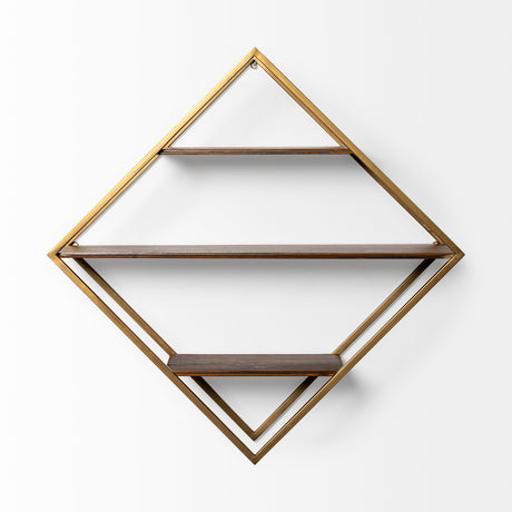 Neil I Diamond Shape Wall Mounted Brass Frame w Three Wood Wall Shelves from Mercana - Luna Furniture