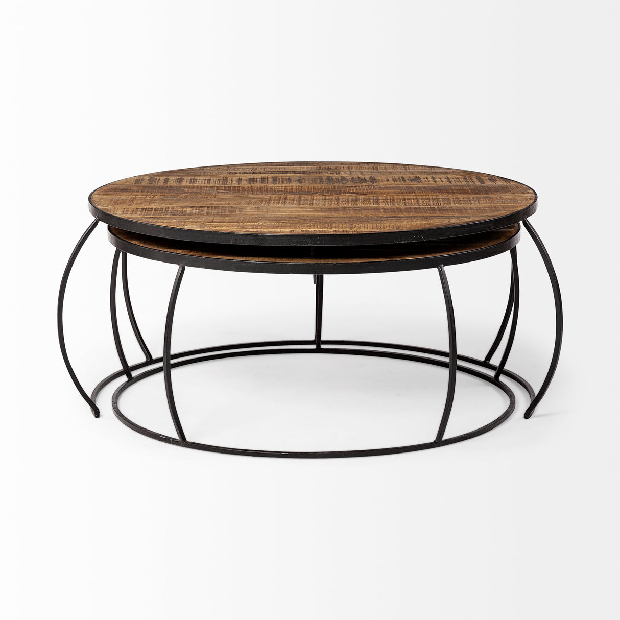 Clapp I Set of 2 (41" & 38") Round Brown Wood Top Black Iron Base Nesting Coffee Tables from Mercana - Luna Furniture