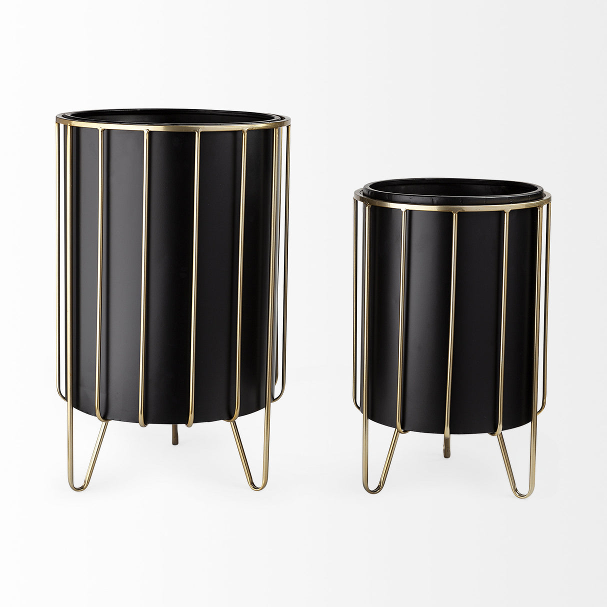 Pianta 13 x 21 Set of Two Black Metal Insert Brass Frame Plant Stands from Mercana - Luna Furniture
