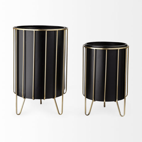 Pianta 13 x 21 Set of Two Black Metal Insert Brass Frame Plant Stands from Mercana - Luna Furniture