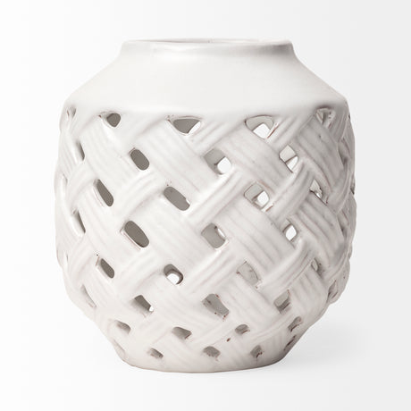 Forillon I Short White Glazed Lattice Pattern Vase from Mercana - Luna Furniture