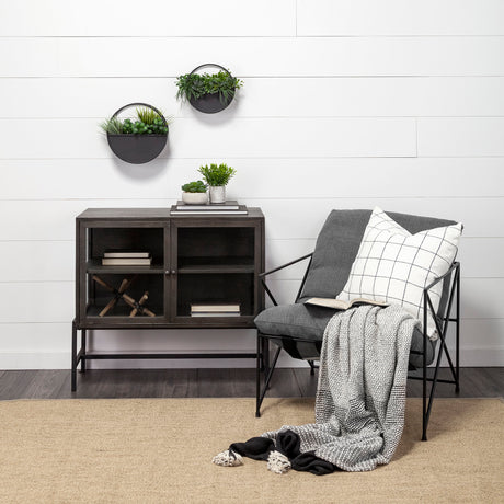Arelius 36L x 18W Black-Brown Wood, Black Metal Base w/ 2 Glass Doors Accent Cabinet from Mercana - Luna Furniture