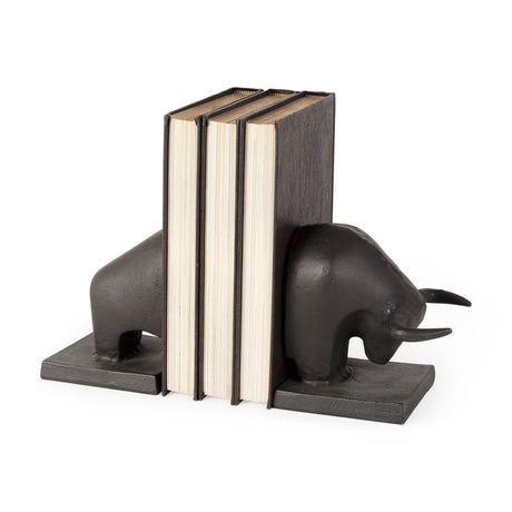 Tauro III (Set of 2) 10L x 5W Black Cast Aluminum Raging Bull Bookends from Mercana - Luna Furniture