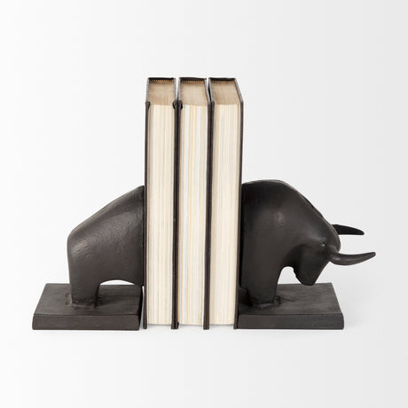 Tauro III (Set of 2) 10L x 5W Black Cast Aluminum Raging Bull Bookends from Mercana - Luna Furniture